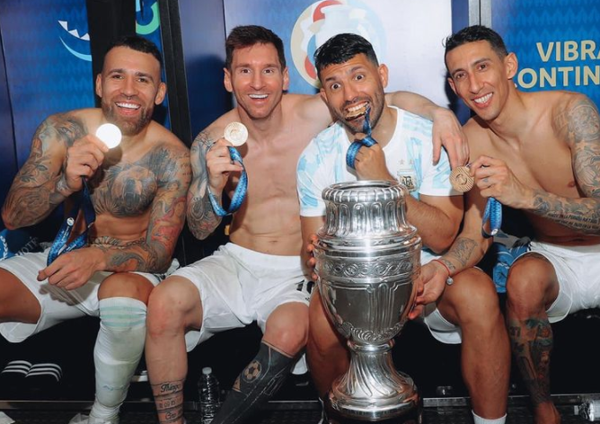 Messi and Aguero celebrating the Copa America win 